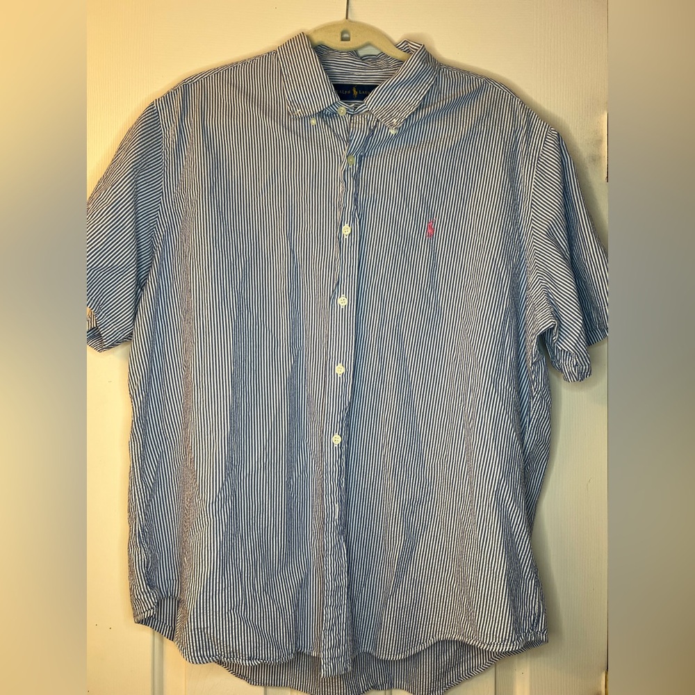 Ralph Lauren Mens XXL Seersucker Shirt Short Sleeve Blue White Stripe Cotton